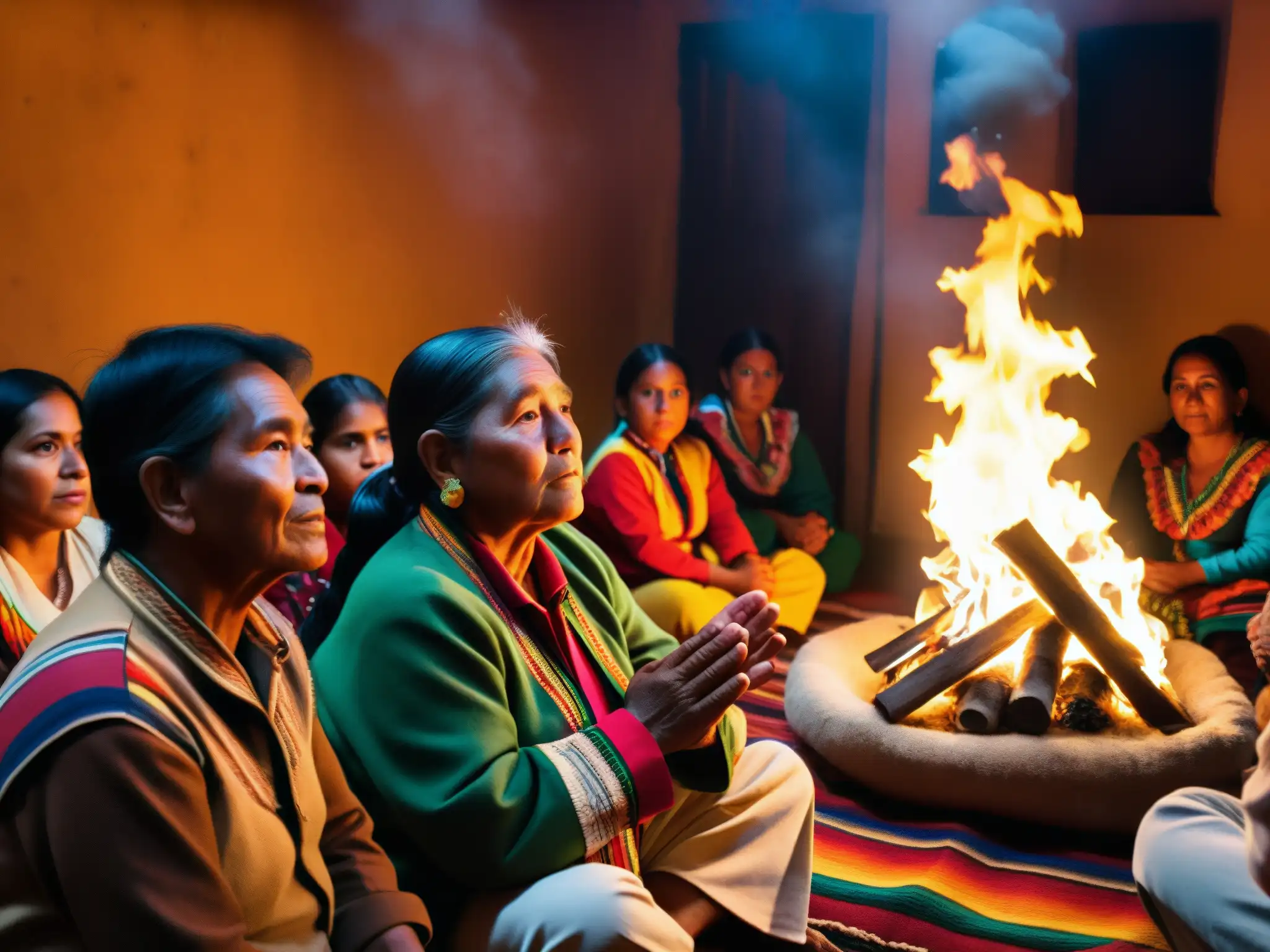 Un anciano cuenta una leyenda viva del folklore boliviano junto a su audiencia, en un ambiente lleno de color y misticismo