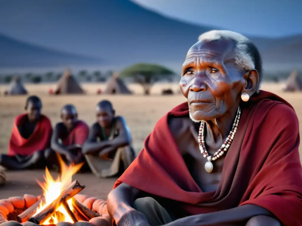 Un anciano maasai cuenta leyendas urbanas de Kenia Maasai junto al fuego, rodeado de oyentes atentos mientras las llamas iluminan sus rostros