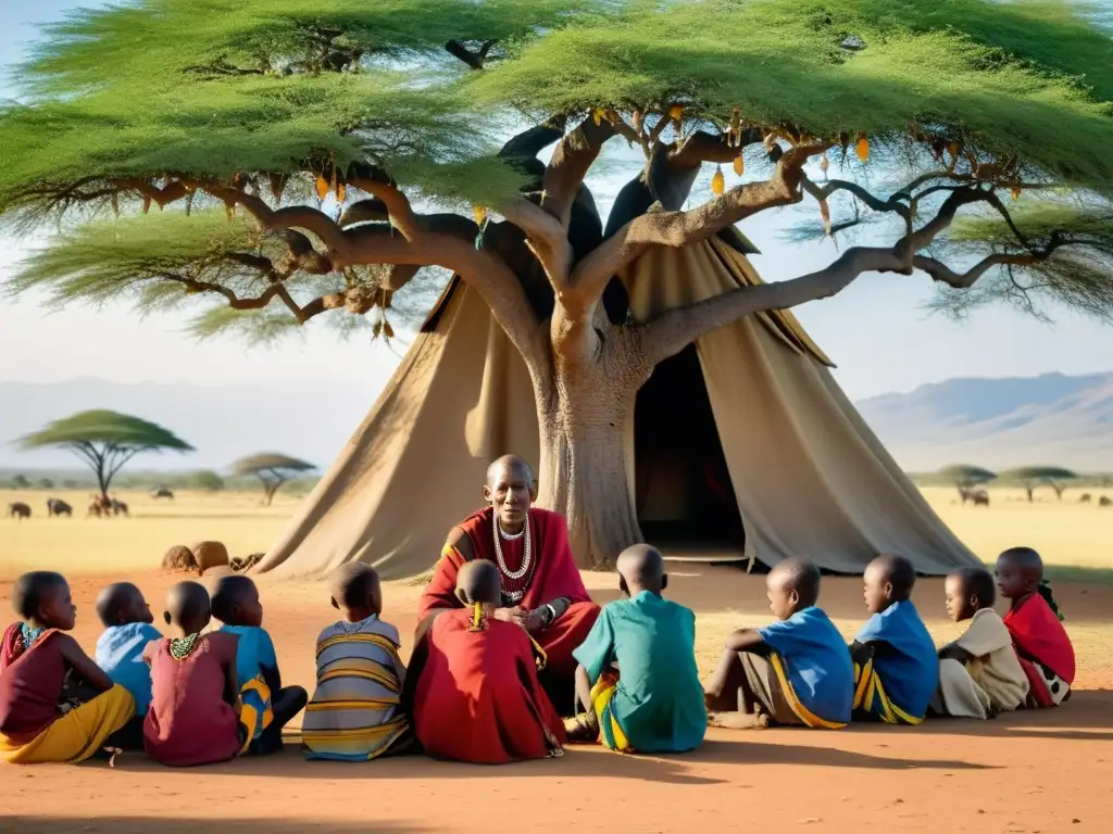 Un anciano Maasai relata mitos y leyendas urbanas bajo un árbol, rodeado de niños atentos