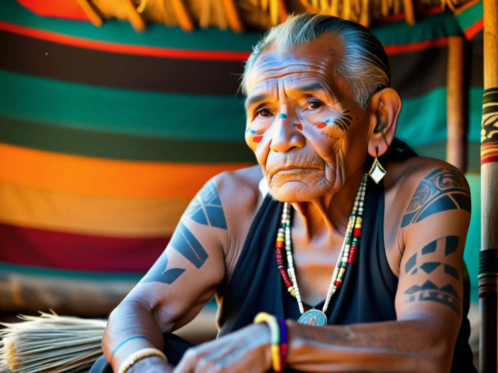Un anciano maya con tatuajes y sabiduría, rodeado de hierbas y artefactos, en una cabaña colorida