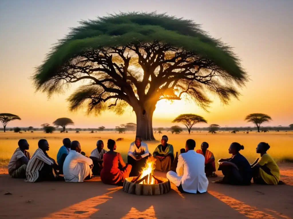 Un anciano narrador africano cautiva a su audiencia con leyendas sobrenaturales bajo un árbol al atardecer