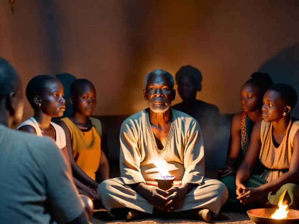 Un anciano narrador africano cautiva a su audiencia con relatos urbanos de Costa de Marfil alrededor de una fogata en una atmósfera mágica
