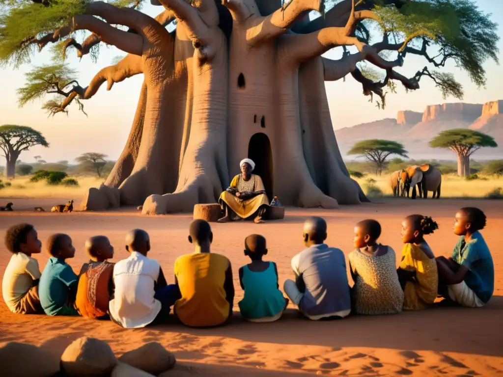 Un anciano narrador africano comparte leyendas bajo un baobab, con una audiencia cautivada al atardecer