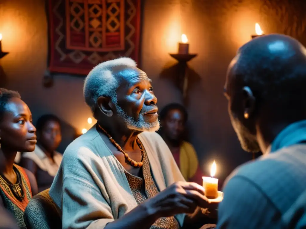 Un anciano narrador africano cautiva con leyendas urbanas, iluminado por una vela