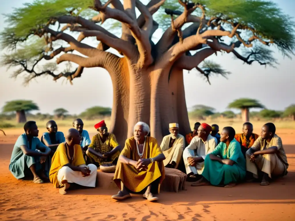 Un anciano narrador relata bajo un baobab, cautivando a su audiencia con relatos sobrenaturales de Ouagadougou