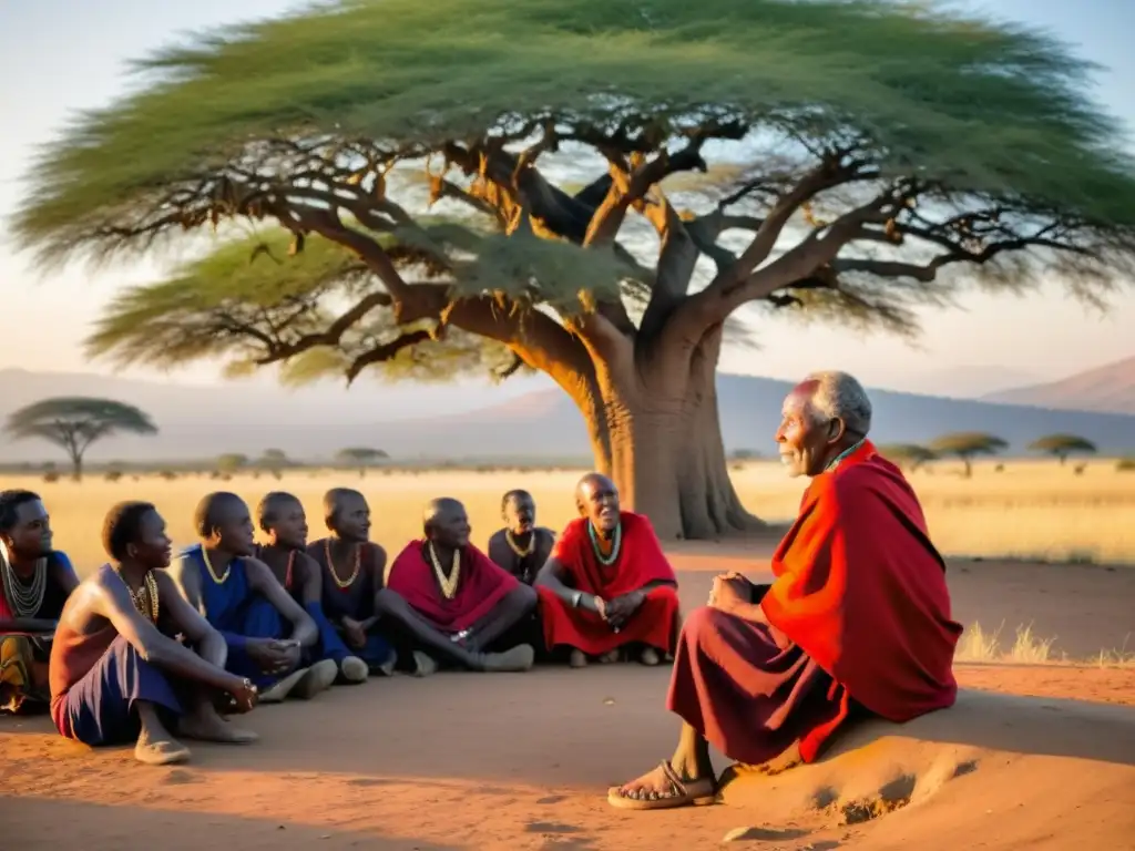 Un anciano narrador Maasai cuenta leyendas urbanas de Kenia Maasai bajo un árbol acacia, iluminado por el cálido sol poniente, mientras su audiencia escucha con asombro y reflexión en la sabana dorada
