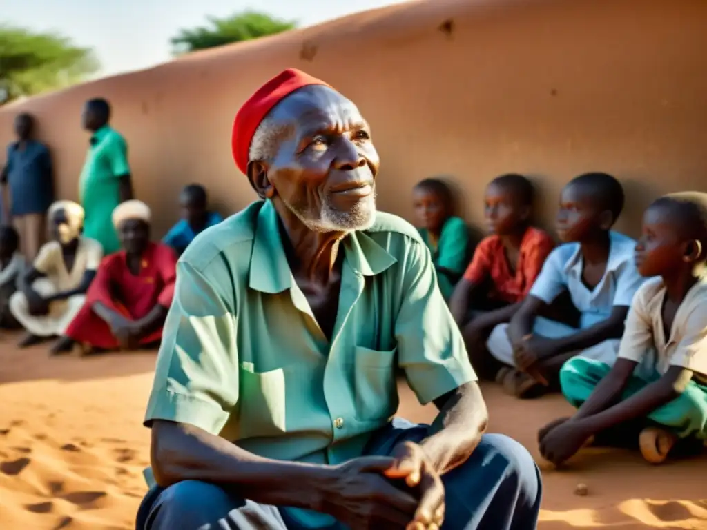 Un anciano narrador cautiva a la multitud con la leyenda urbana de Mamadou el Inmortal al atardecer en Senegal