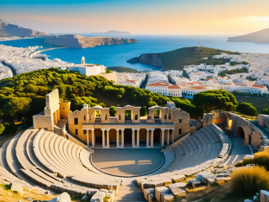 Un anfiteatro griego antiguo frente a la ciudad moderna destaca la influencia de la antigüedad en leyendas urbanas europeas