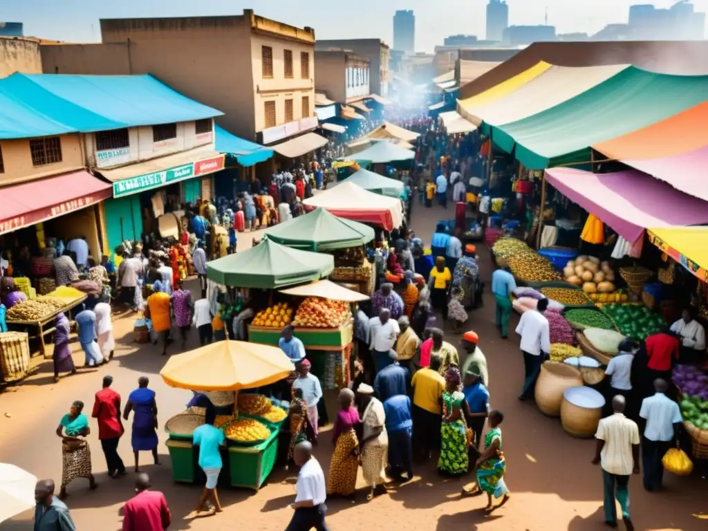 Animada calle de una bulliciosa ciudad africana llena de puestos de mercado coloridos y arte callejero vibrante
