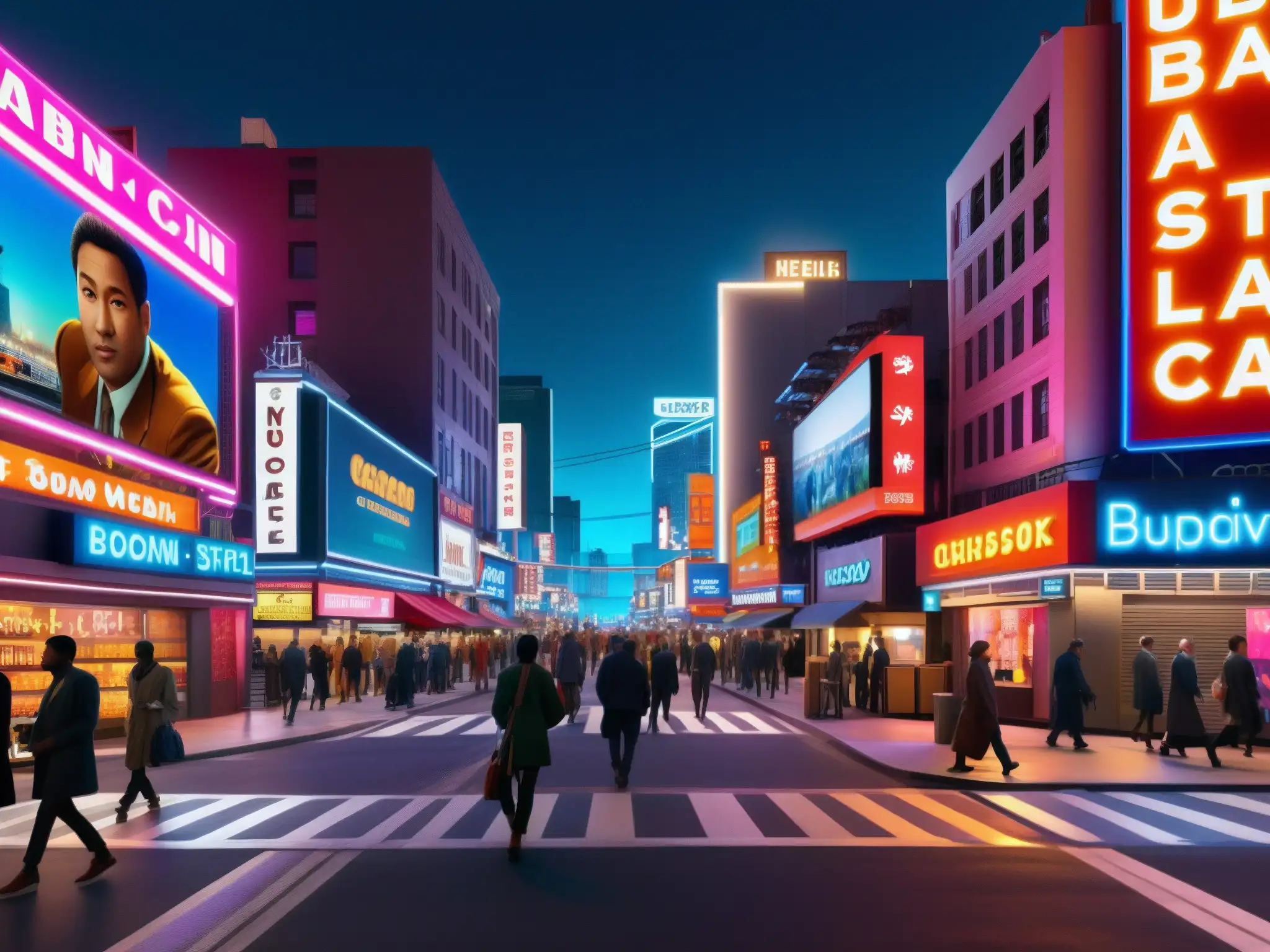 Una animada calle de la ciudad de noche, con letreros de neón y vallas publicitarias iluminando el paisaje urbano