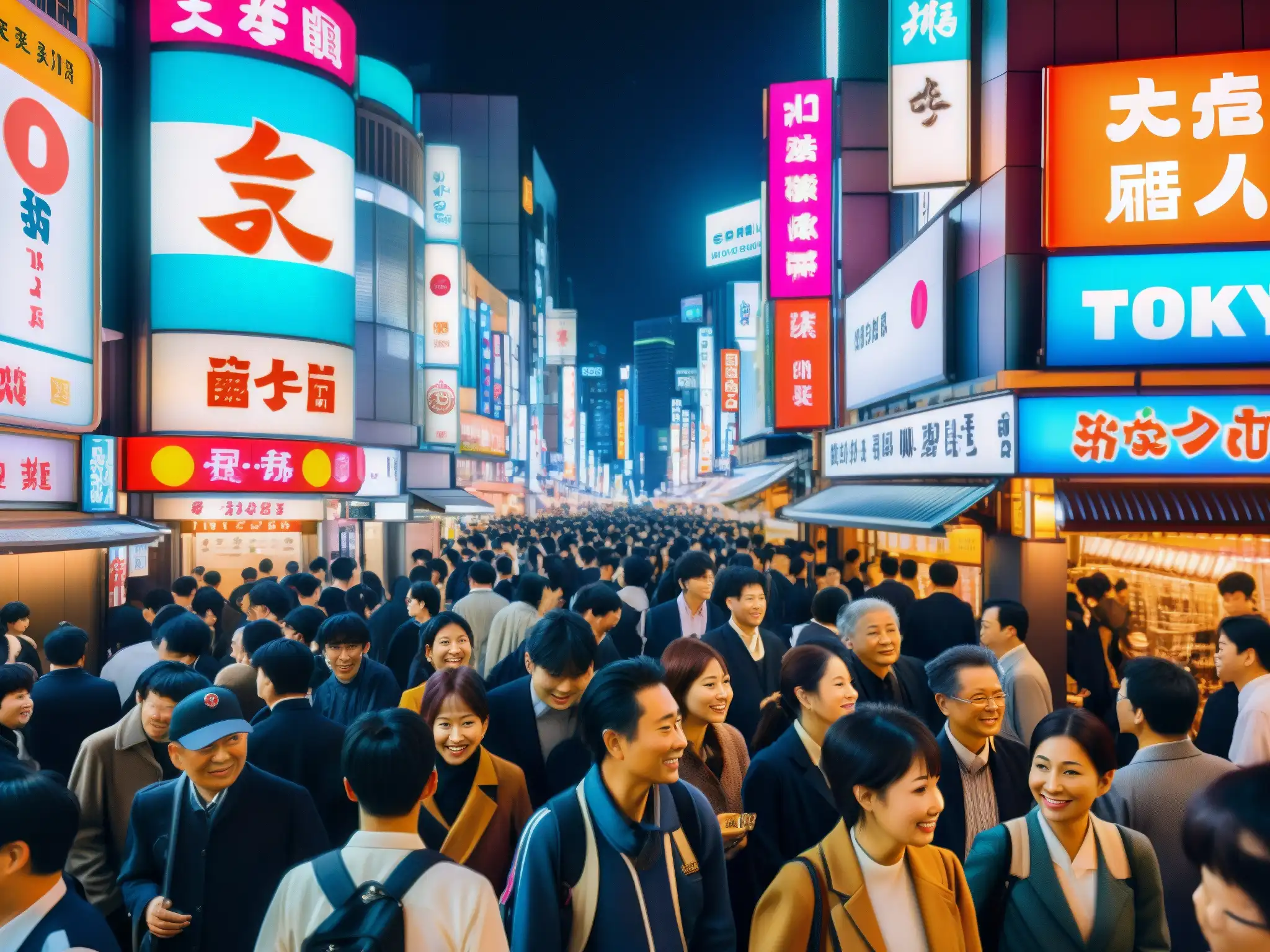 Una animada calle nocturna en Tokio, llena de luces de neón y gente