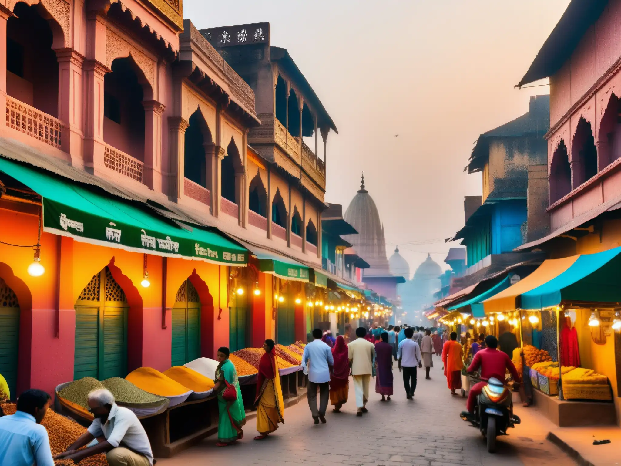 Un animado y estrecho callejón en la vieja ciudad de la India, lleno de edificios vibrantes y gente, creando una atmósfera misteriosa y encantadora