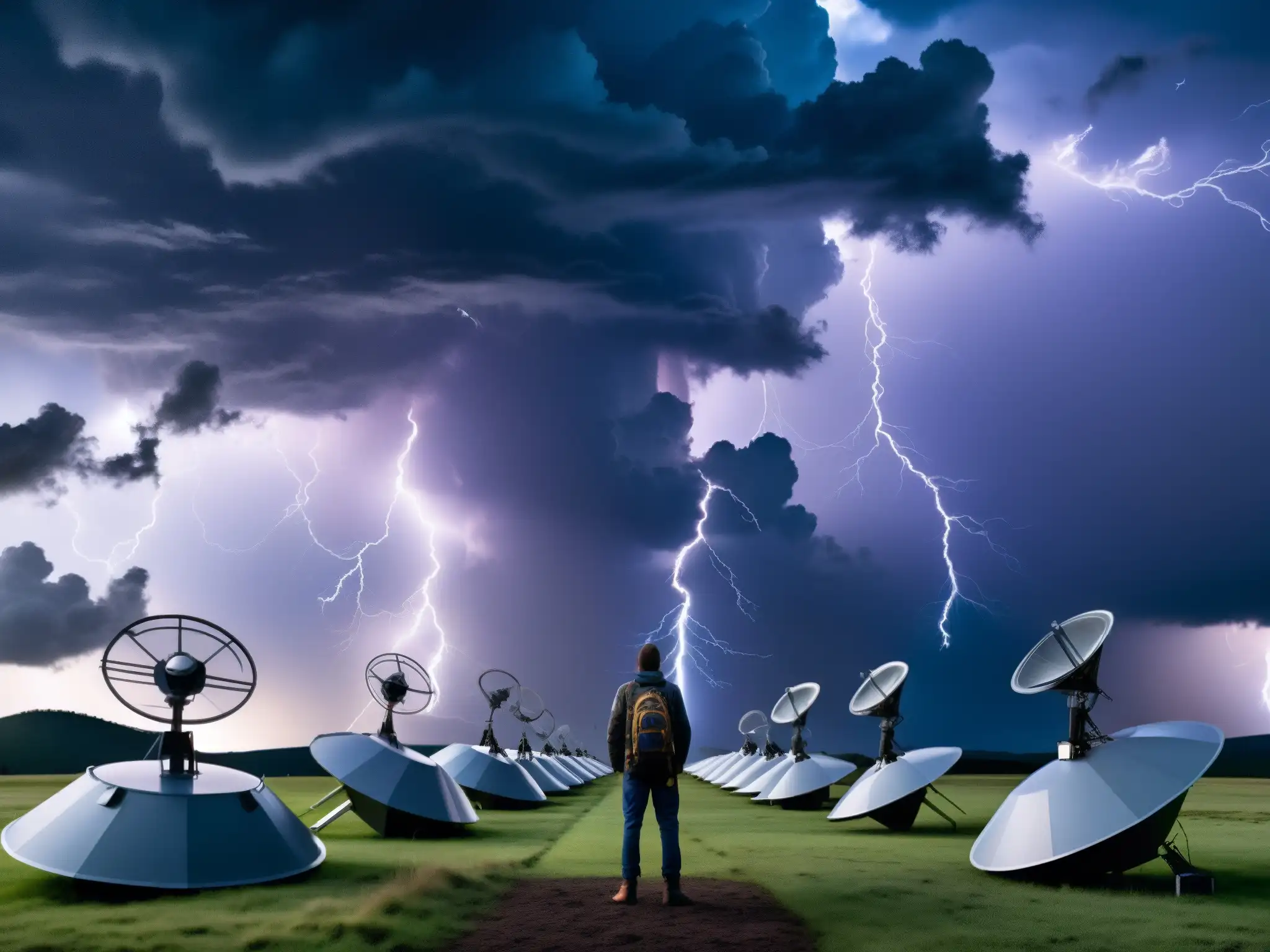 Antenas y satélites emitiendo energía hacia nubes tormentosas