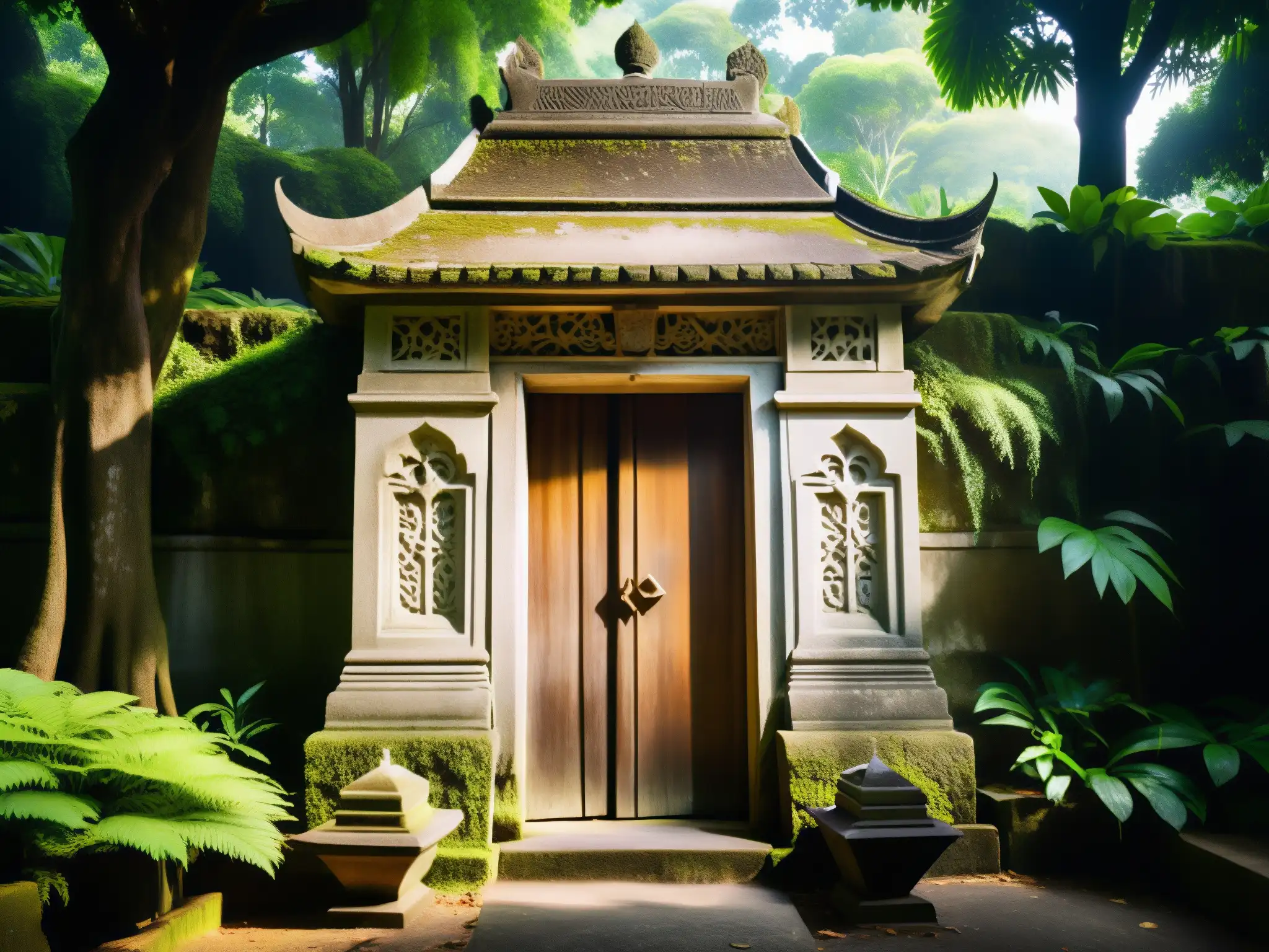 Antigua cripta cubierta de musgo en un cementerio de Malasia, revelando secretos y leyendas entre los árboles altos