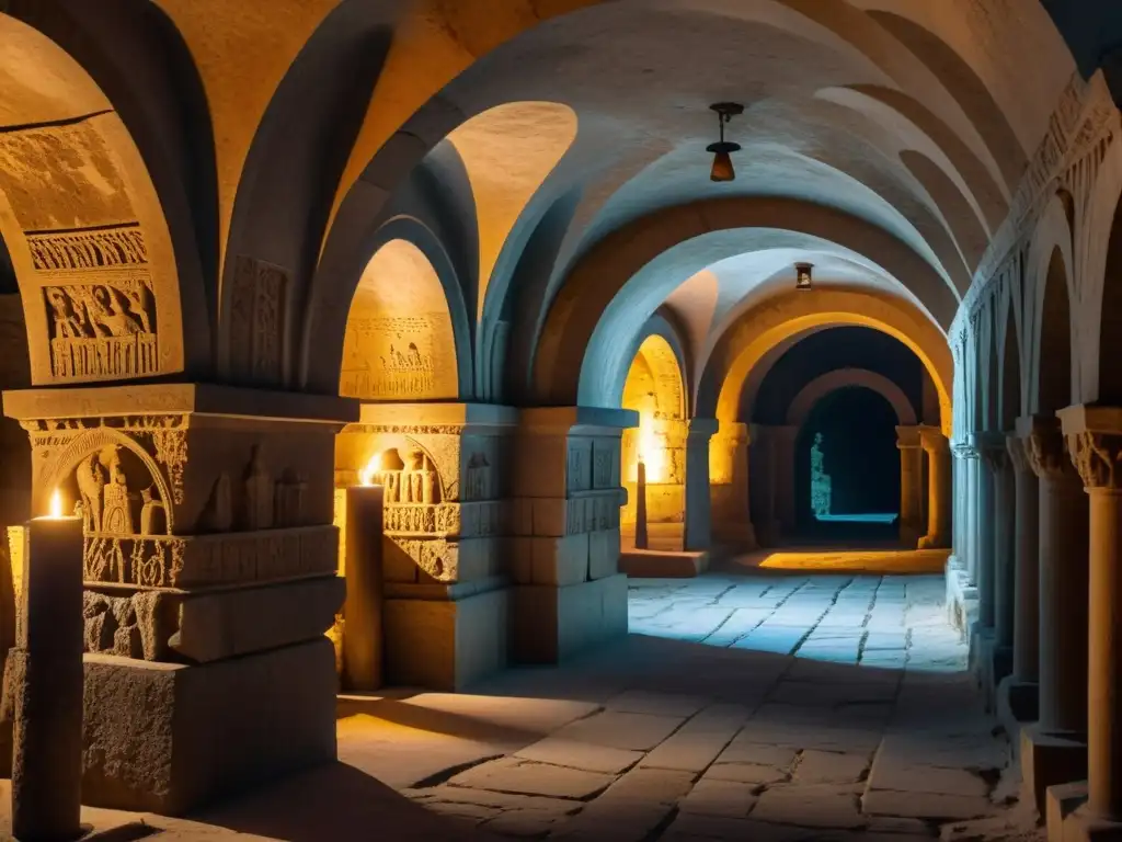 Antigua cripta subterránea iluminada por velas, con símbolos cristianos y tumbas ornamentadas