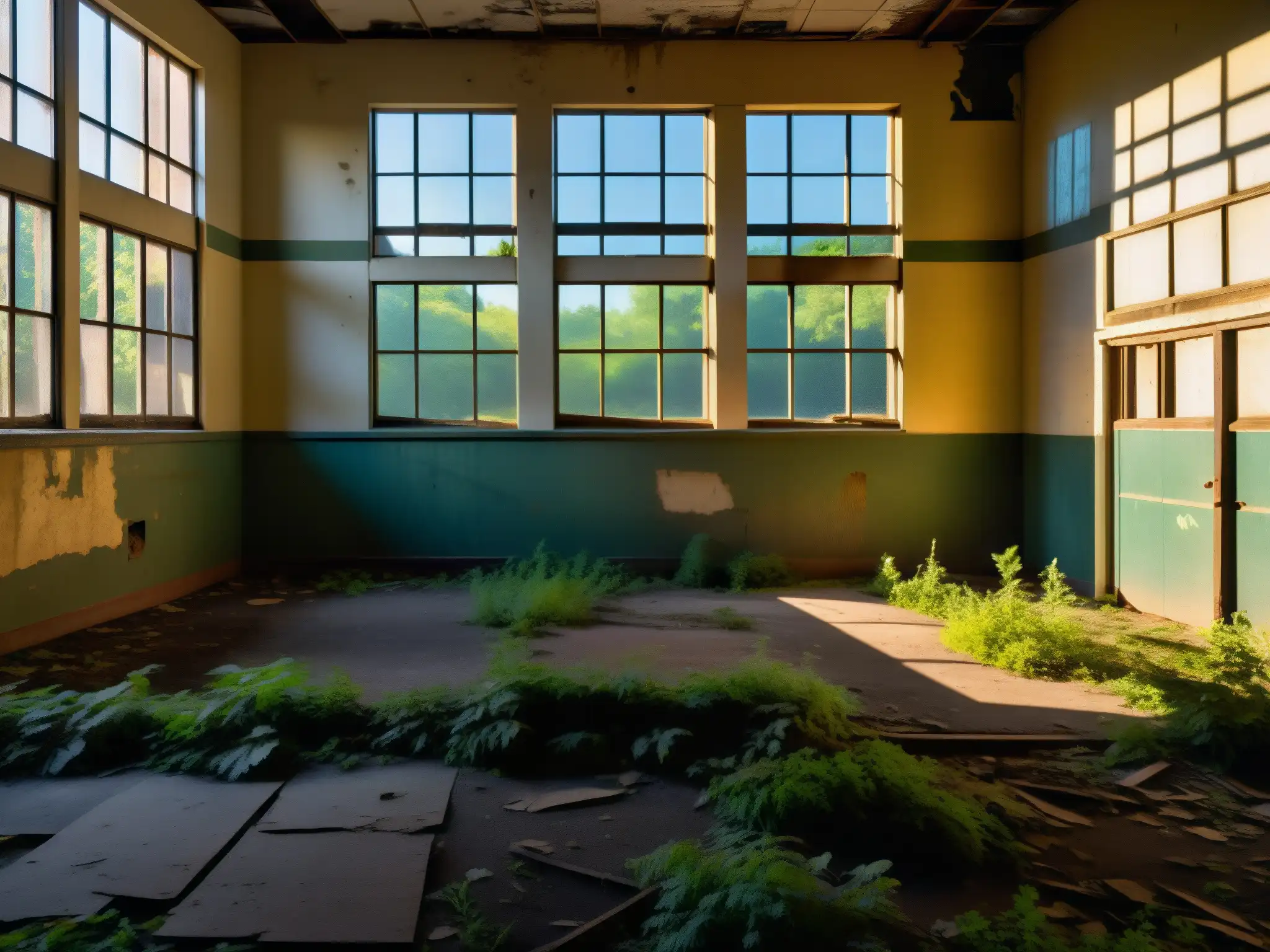 Antigua escuela abandonada al atardecer, con sombras inquietantes y vegetación desolada