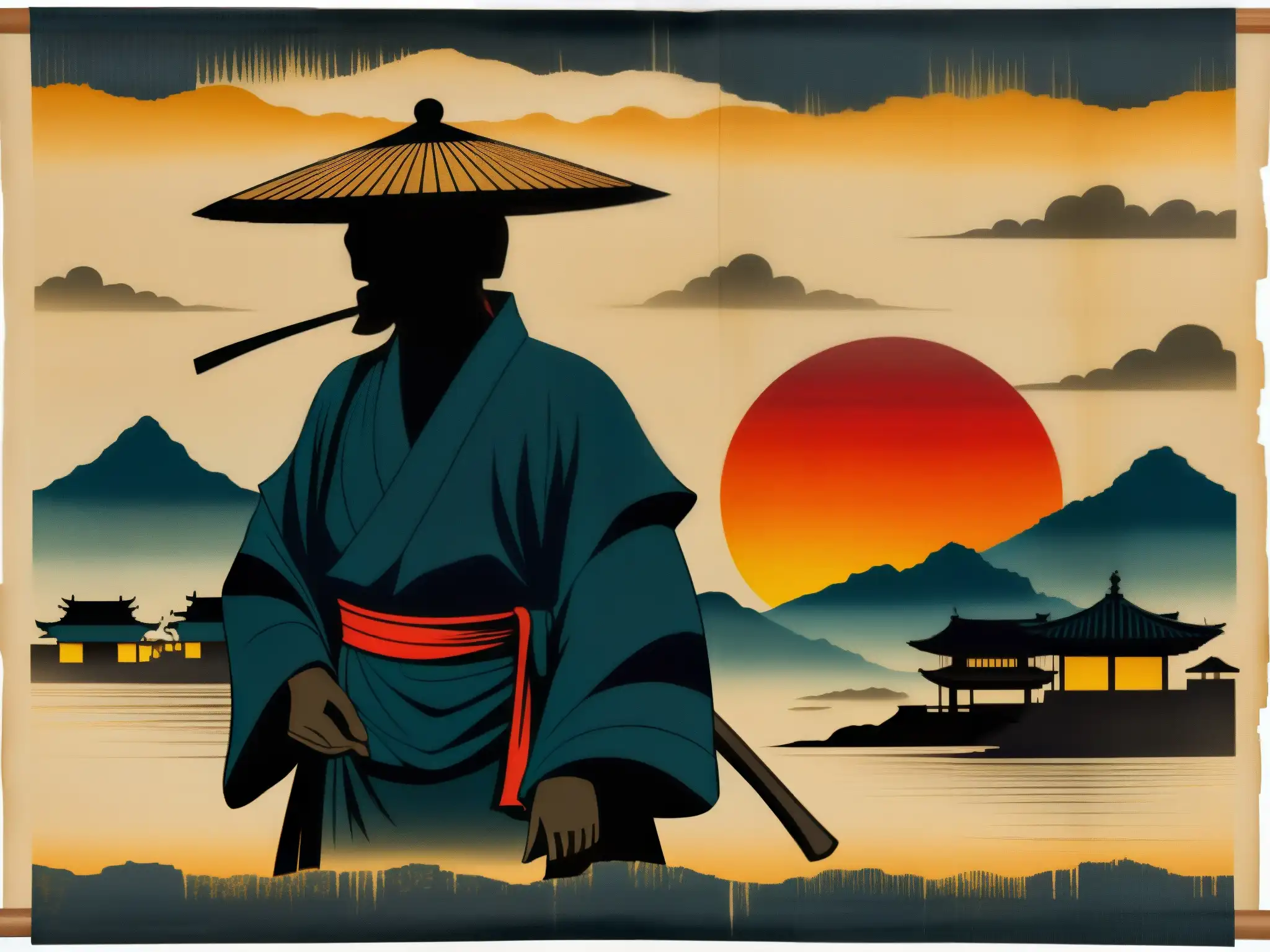 Antigua ilustración de la Historia del Hombre del Saco en un pueblo japonés al anochecer, transmitiendo miedo y misterio