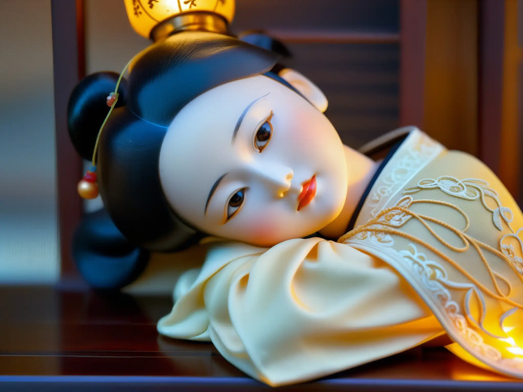 Antigua muñeca japonesa Okiku en un soporte de madera tallada, iluminada por una suave luz etérea