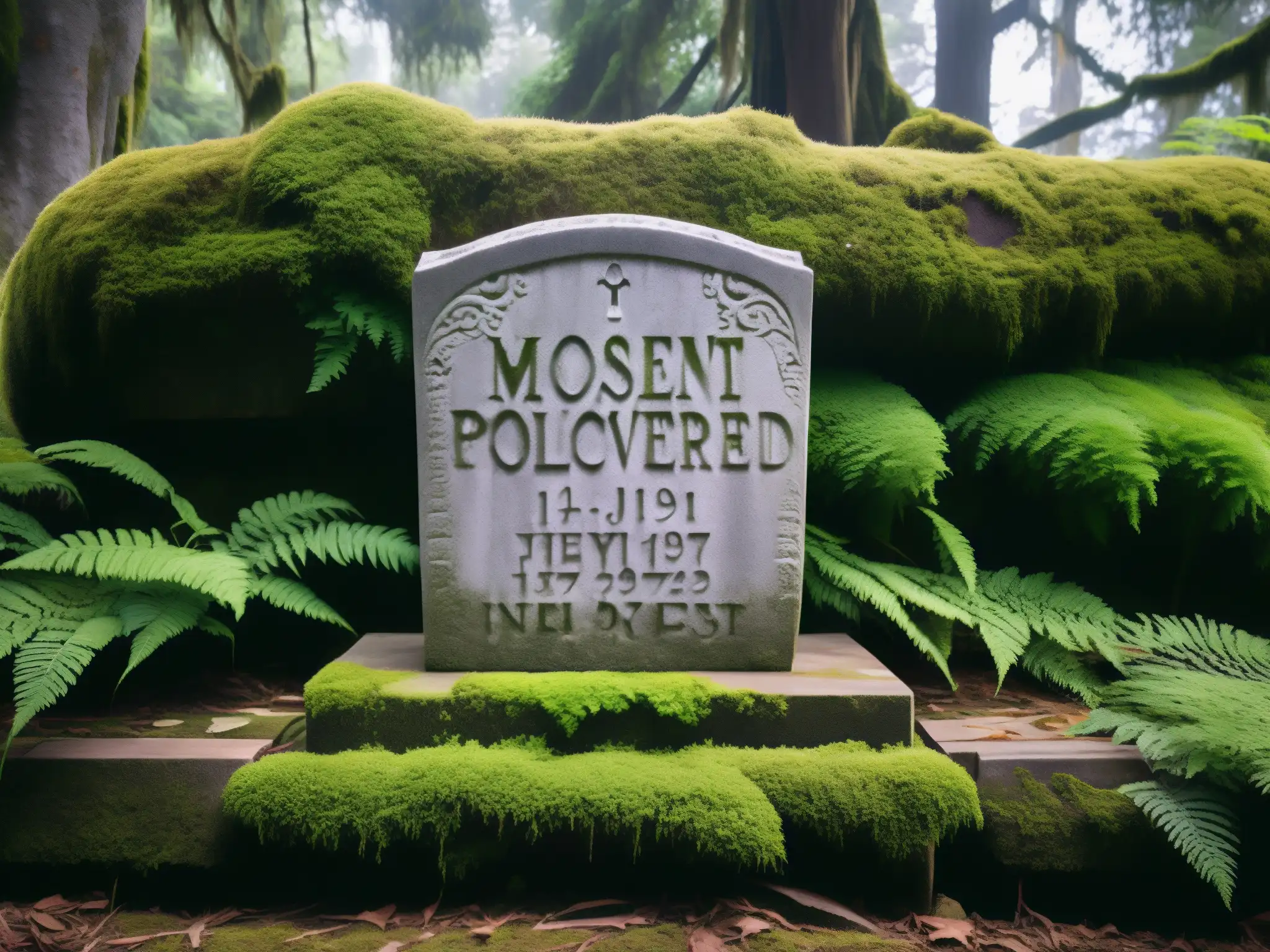 Antigua lápida cubierta de musgo en un remoto cementerio de Malasia, evocando secretos y leyendas olvidadas entre la densa vegetación