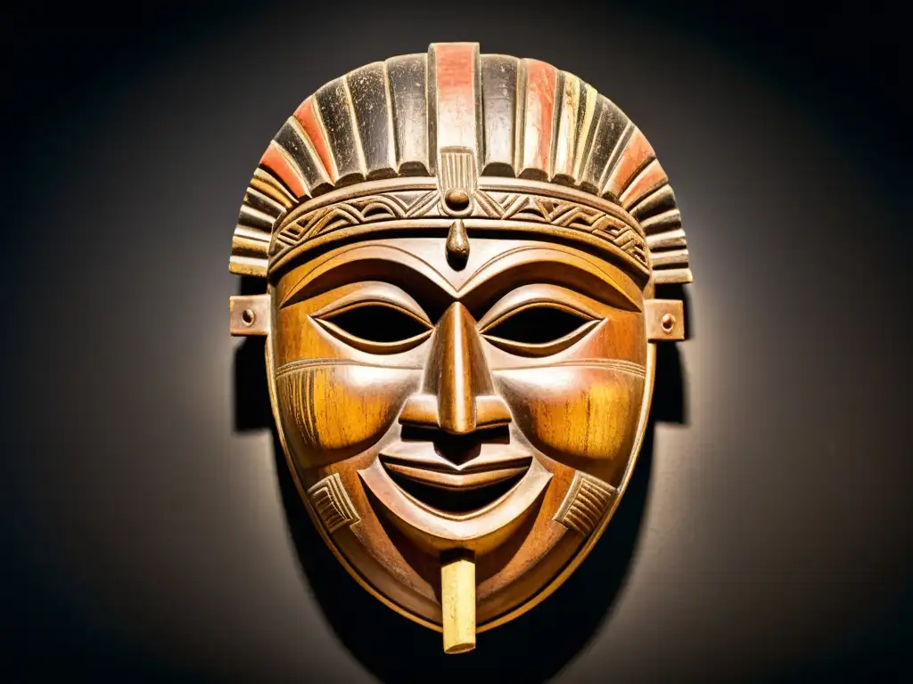 Antigua máscara de madera desgastada de la región de Accra, con intrincadas tallas y pigmentos desvanecidos, en un fondo oscuro