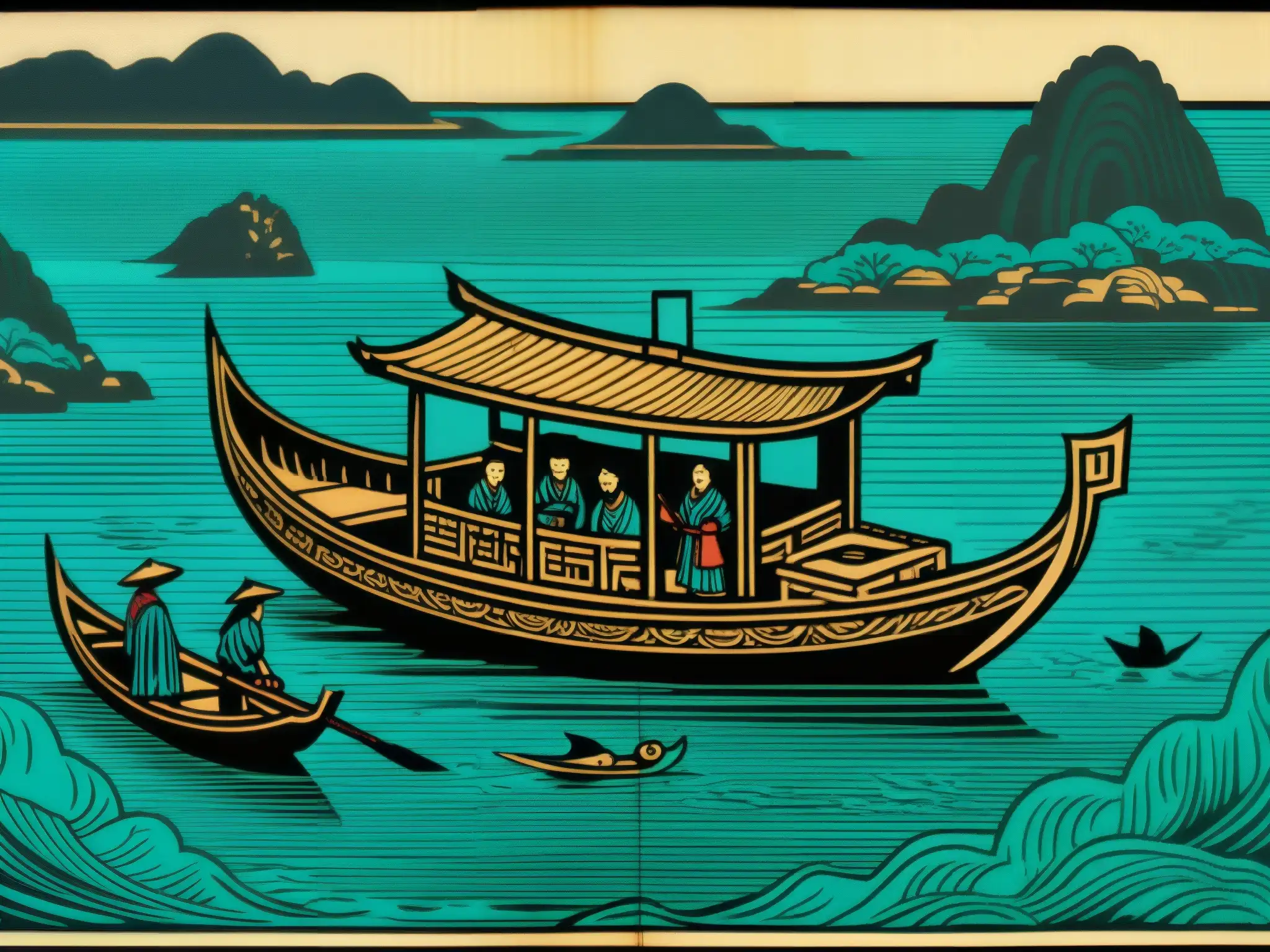 Ilustración antigua de un misterioso fenómeno Utsurobune en Japón: aldea asombrada observa una nave hueca flotando en la bahía al atardecer