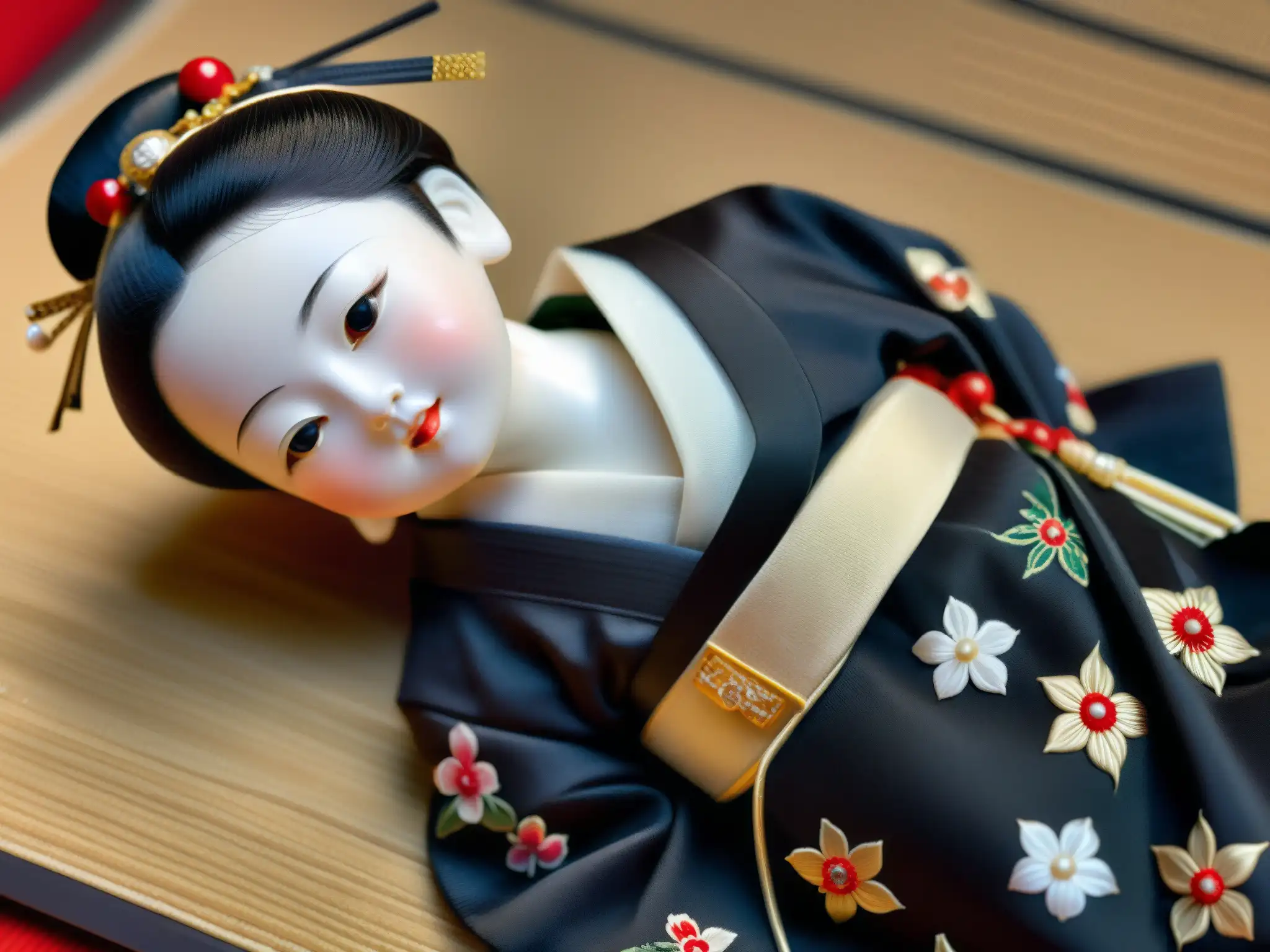 Una antigua muñeca japonesa 'Okiku' reposa en un tatami, vestida con un kimono negro