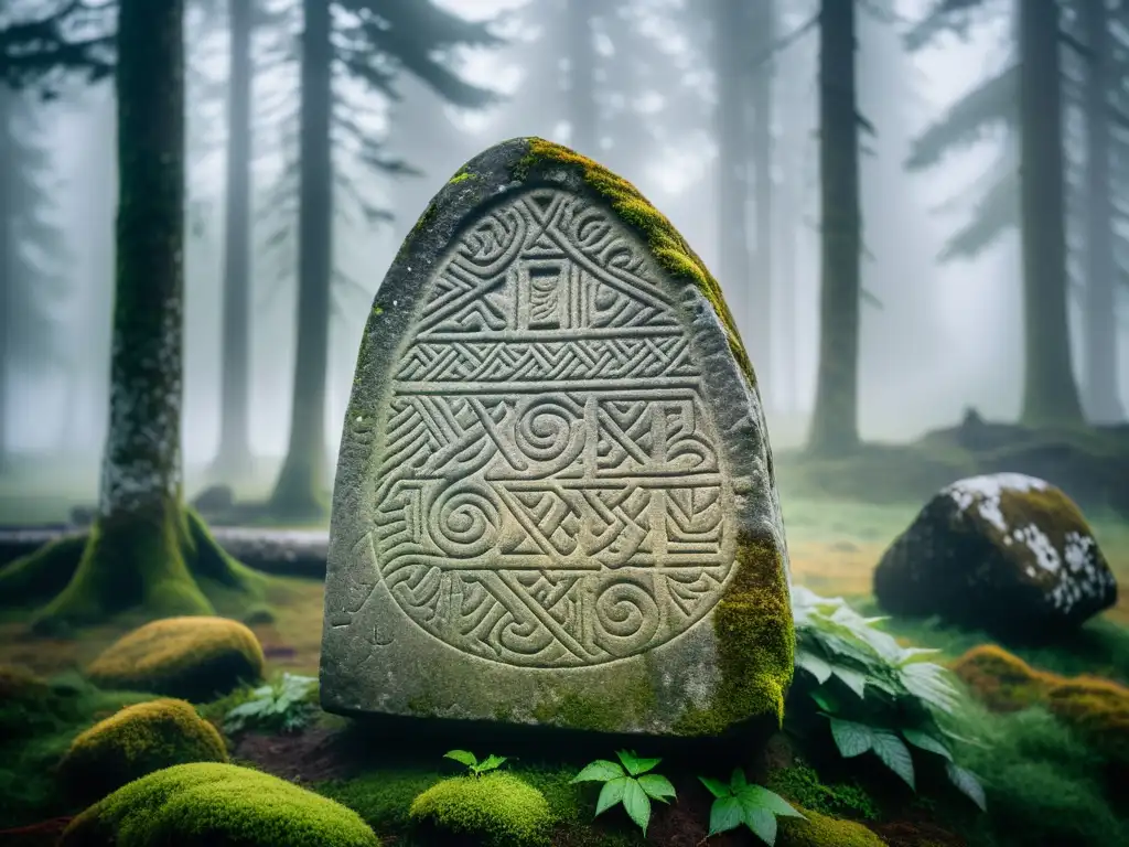 Una antigua piedra rúnica vikinga emerge de la niebla, con runas talladas claramente