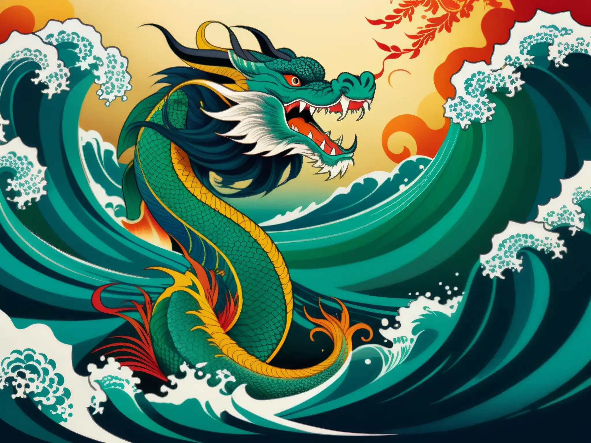 Una antigua pintura japonesa muestra un majestuoso dragón emergiendo del océano, rodeado de olas y una sirena