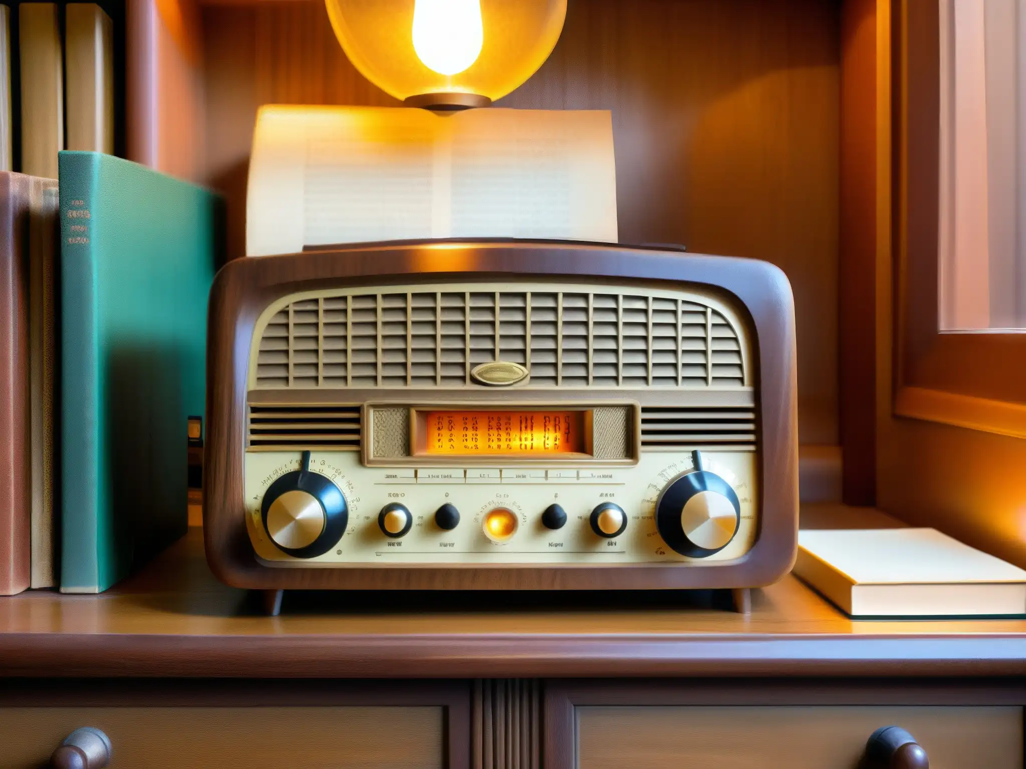 Una antigua radio vintage con tallados detallados en su exterior de madera, iluminada por el cálido brillo de sus diales y botones