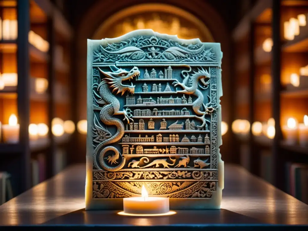 Una antigua tabla de piedra cubierta de intrincadas tallas, iluminada por una vela en una biblioteca tenue