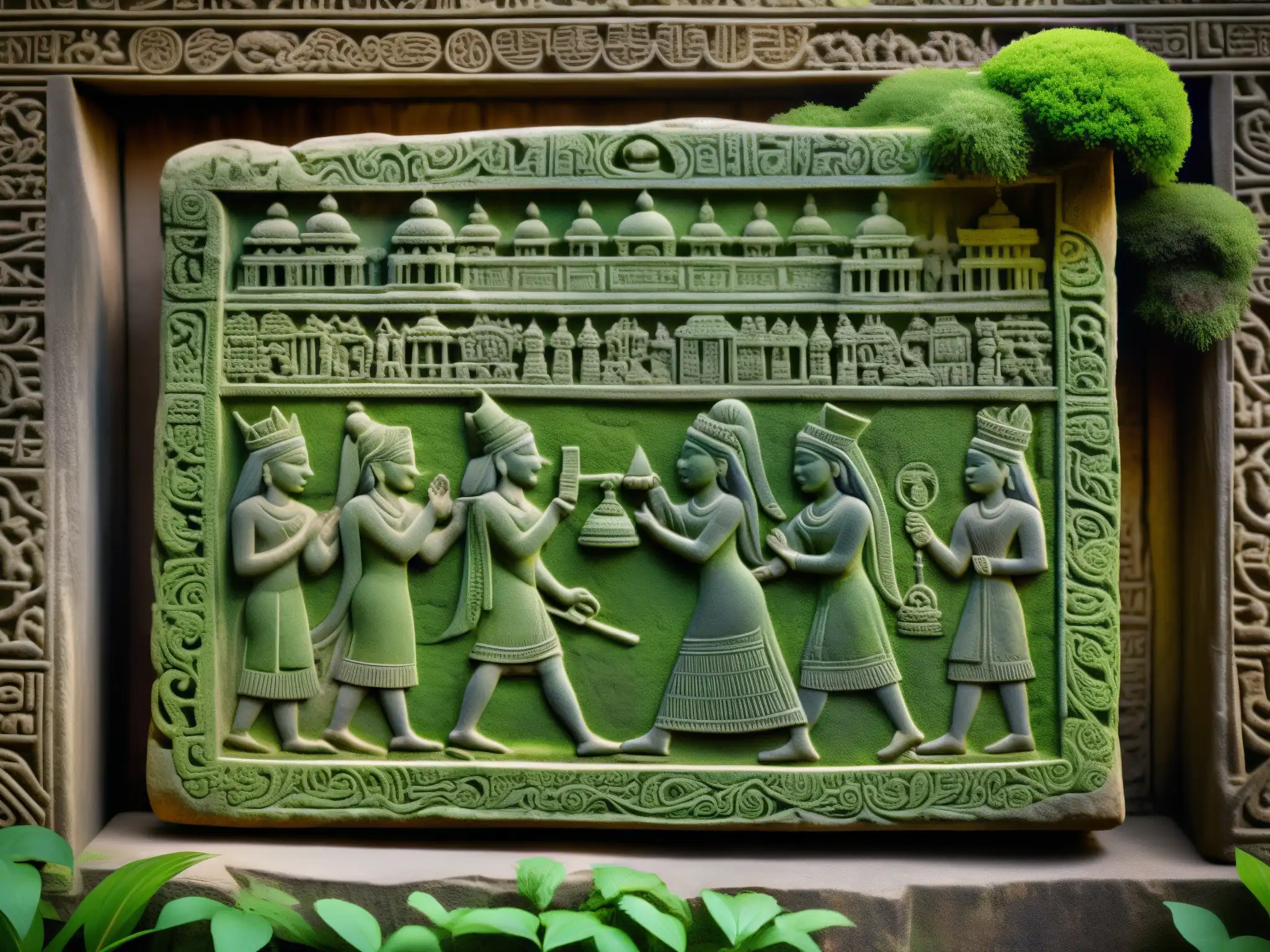 Antigua tableta de piedra con carvings detallados de la maldición de los reyes de Delhi, rodeada de ruinas de templo