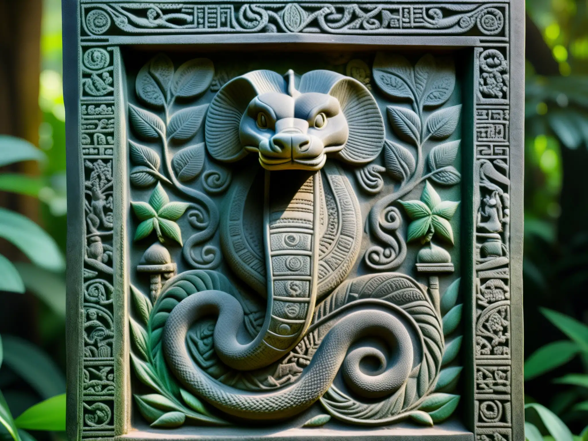 Antigua tableta de piedra con intrincadas carvings de un cobra amenazante y figuras reverentes en selva