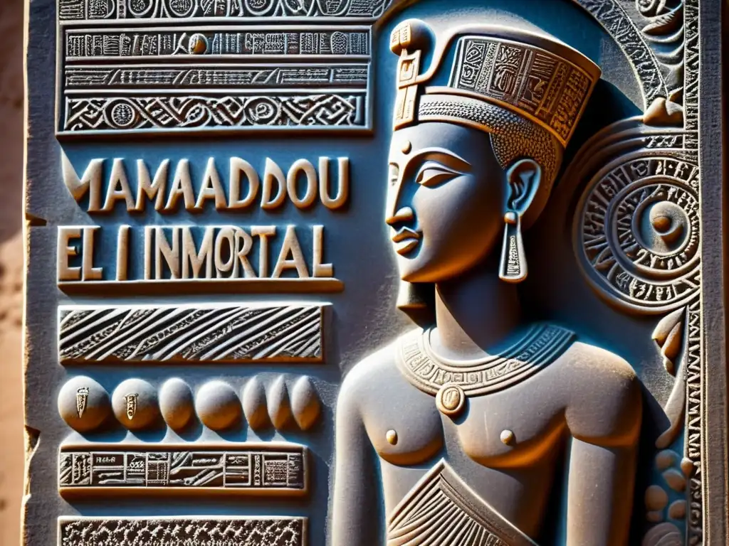 Una antigua tableta de piedra con intrincadas inscripciones de Mamadou el Inmortal