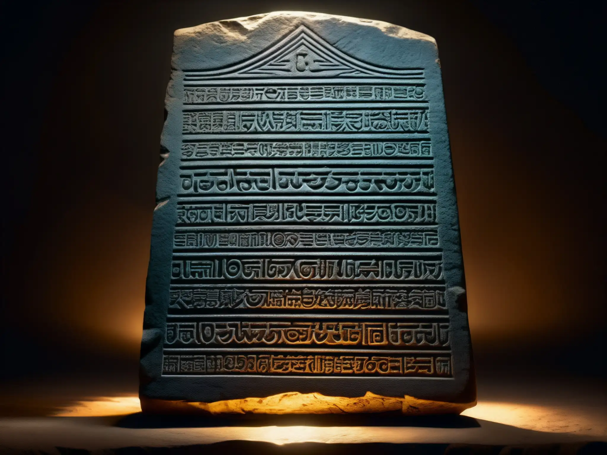 Antigua tablilla de piedra con inscripciones religiosas iluminada por un rayo de luz en una habitación oscura