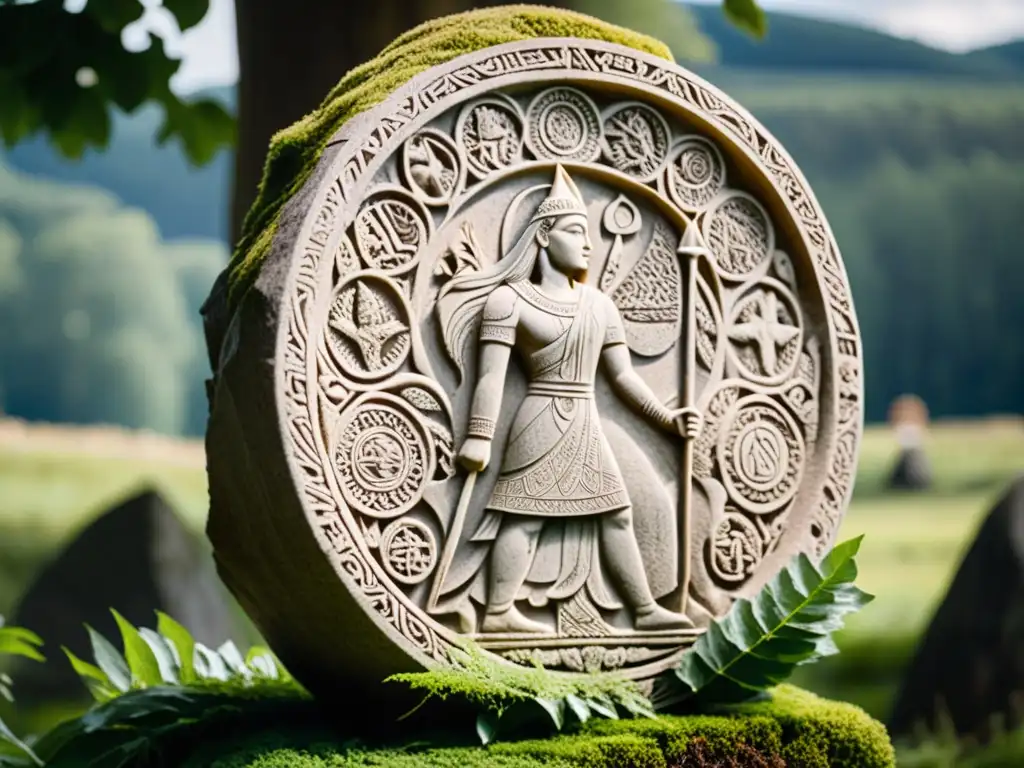 Una antigua talla de piedra bien conservada del dios nórdico Frey, rodeada de símbolos agrícolas y motivos de fertilidad en un bosque escandinavo