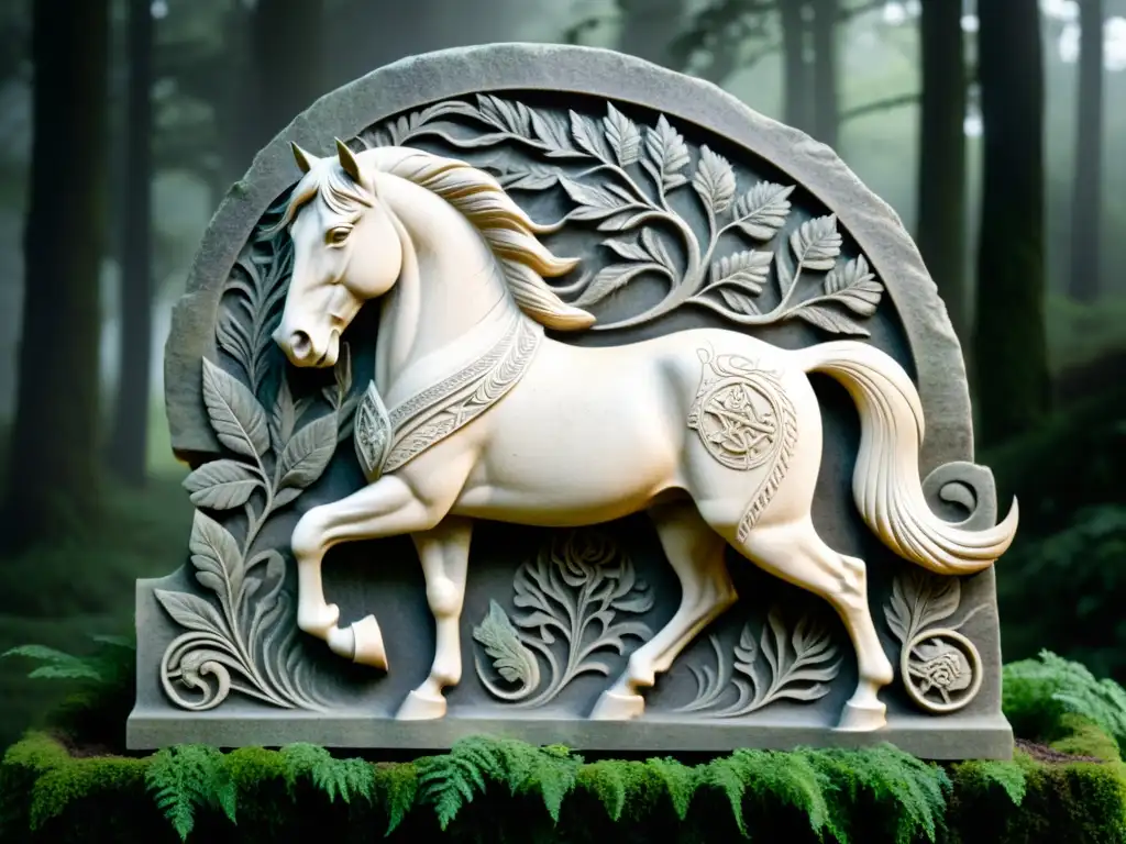 Antigua talla en piedra de Sleipnir, el mítico caballo de ocho patas, entre la niebla y la vegetación, evocando su sombra y misterio