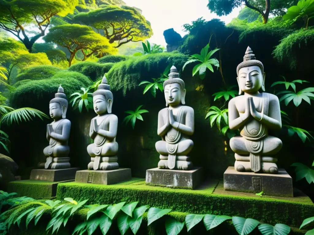 Antiguas estatuas de Kasajizo en la selva, envueltas en enredaderas y misterio mitológico