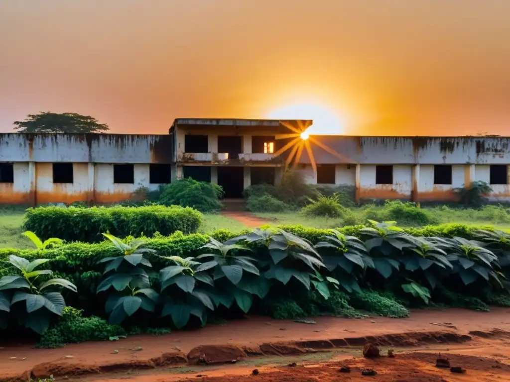 Un antiguo y abandonado complejo militar en Bangui, con ruinas cubiertas de maleza y un atardecer anaranjado