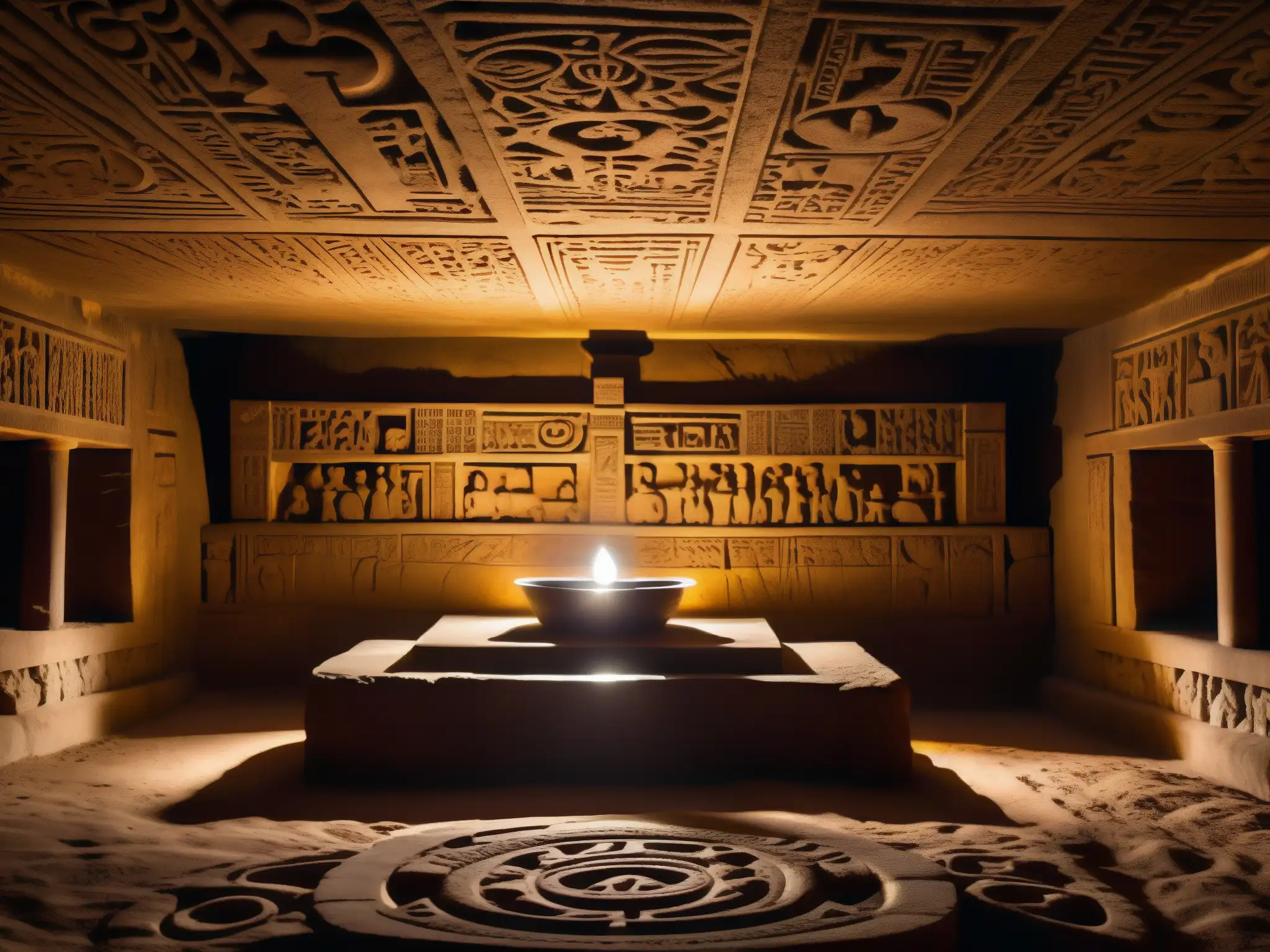 Un antiguo altar de piedra en una cámara subterránea iluminada por una sola luz, evocando un aura de misterio y maravilla