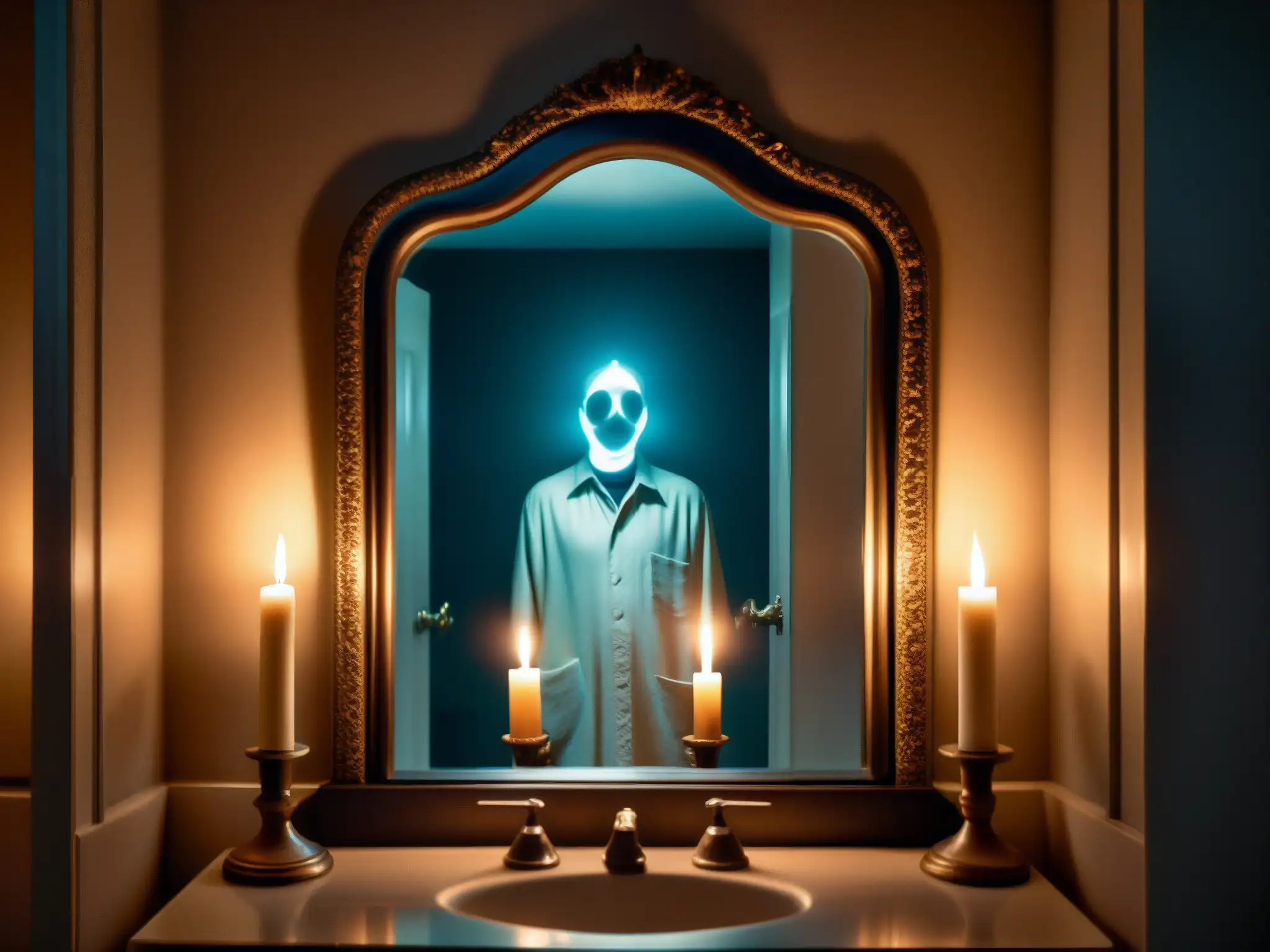 En un antiguo baño, un espejo refleja una figura fantasmal con ojos brillantes, velas parpadeantes y un ambiente inquietante
