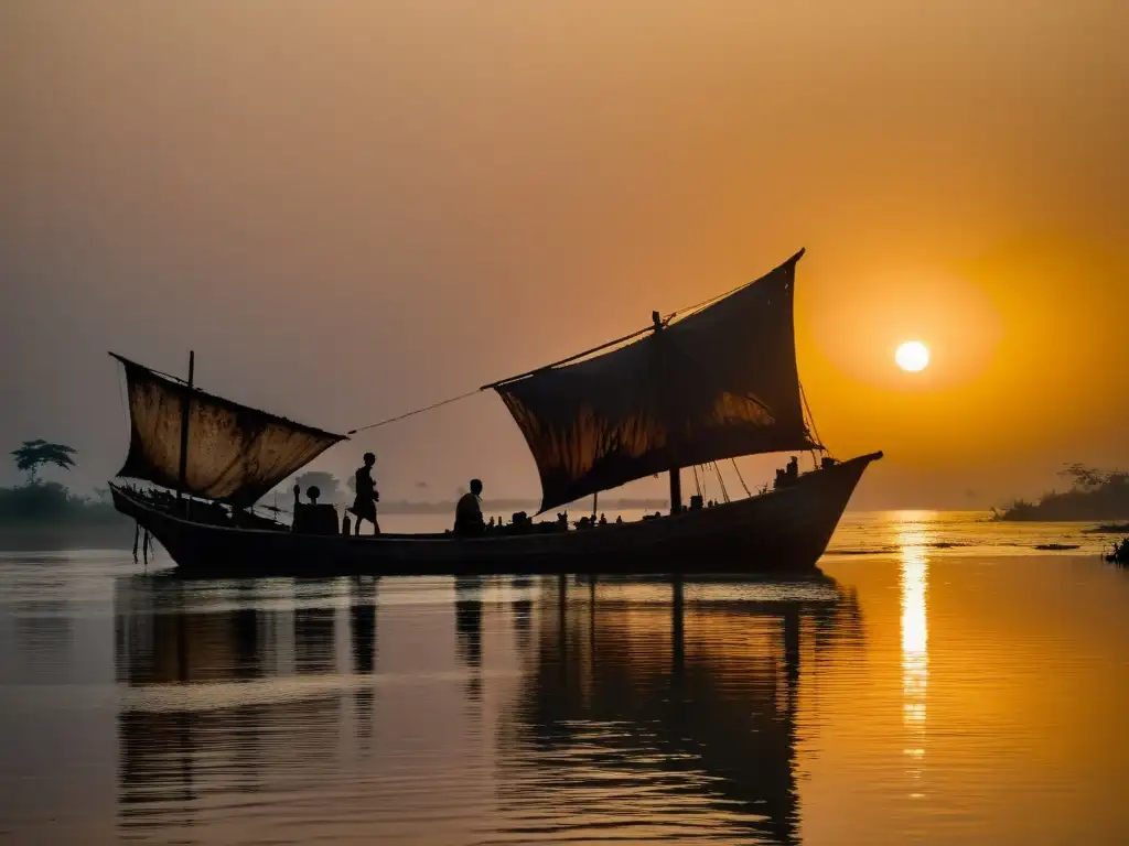 Un antiguo barco emerge entre la niebla del Delta del Níger al anochecer, evocando la leyenda urbana del barco fantasma