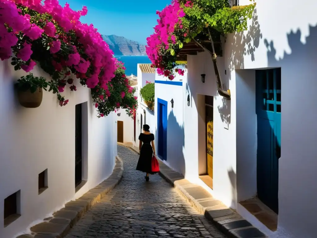 Un antiguo callejón empedrado en Andalucía, bañado por cálida luz solar, con una mujer en traje de flamenco