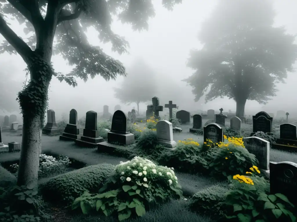Un antiguo cementerio cubierto por la niebla, evocando los orígenes históricos de la Dama Blanca con su atmósfera misteriosa y etérea