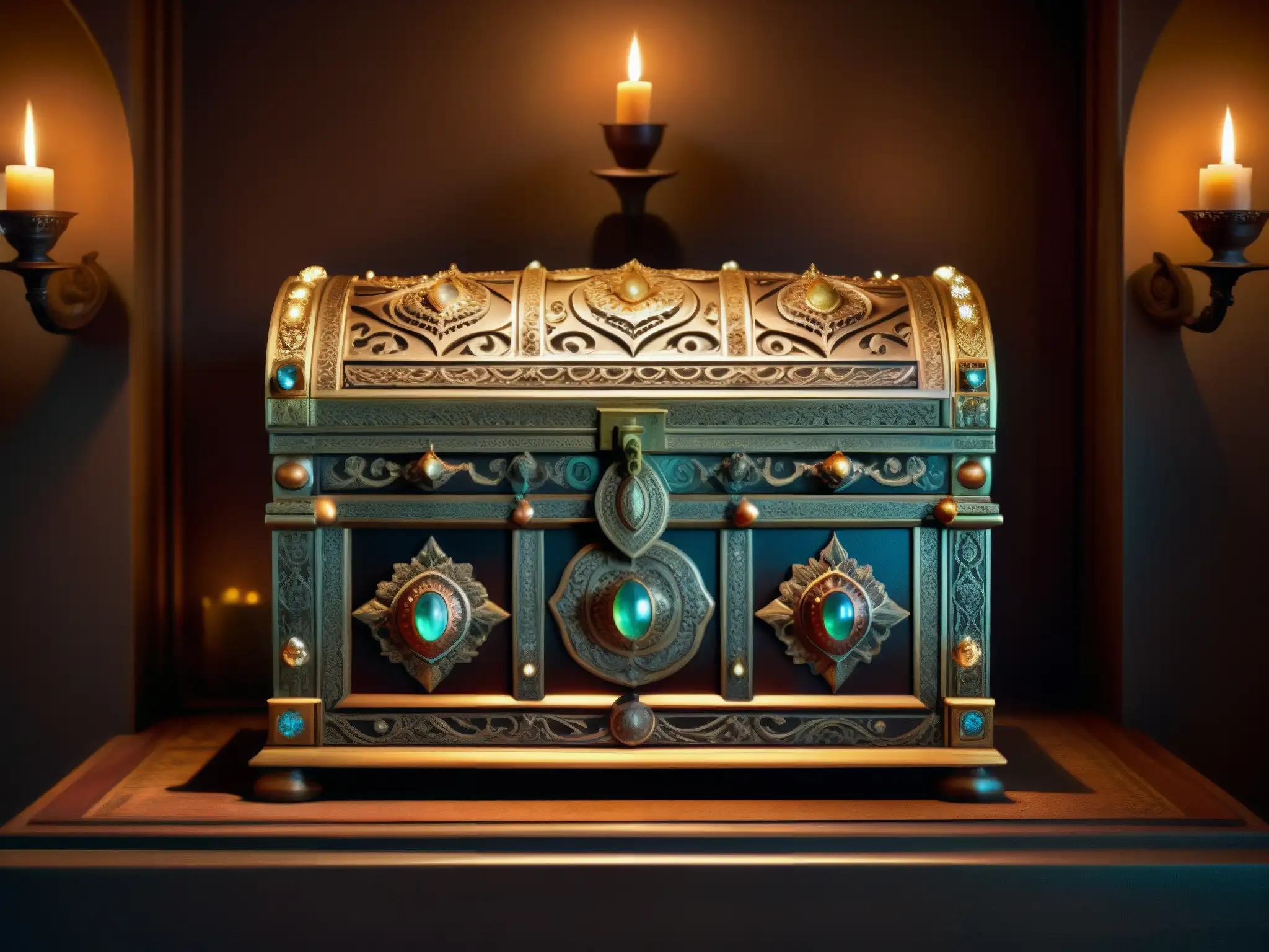 Antiguo cofre adornado con joyas en misteriosa habitación iluminada por velas