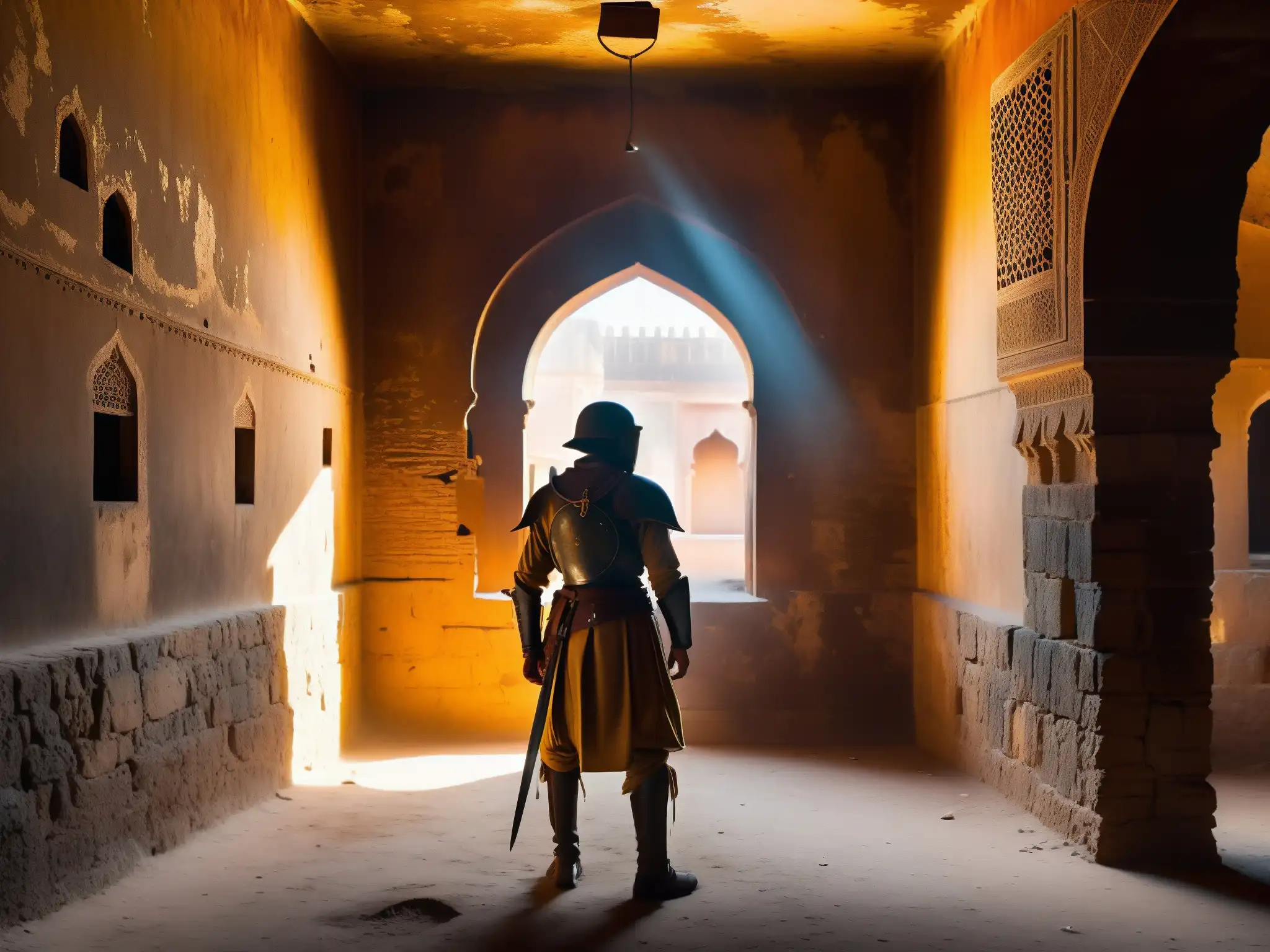 En el antiguo fuerte de Jaipur, una habitación abandonada con una luz tenue revela un misterioso traje de armadura entre sombras y polvo