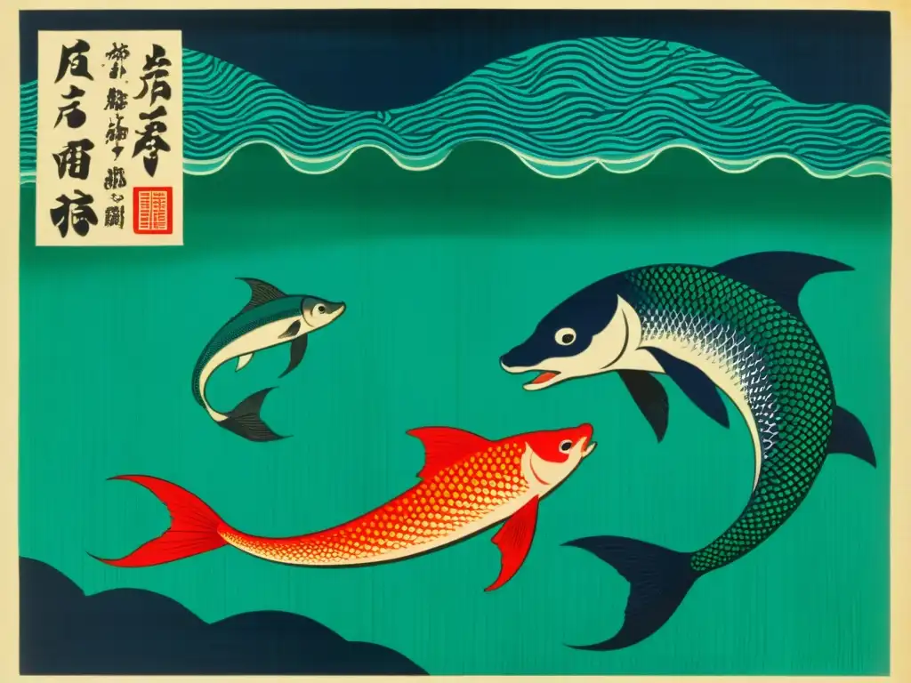 Un antiguo grabado japonés muestra pescadores encontrando una ningyo en el océano, capturando la mística de las sirenas en la cultura japonesa