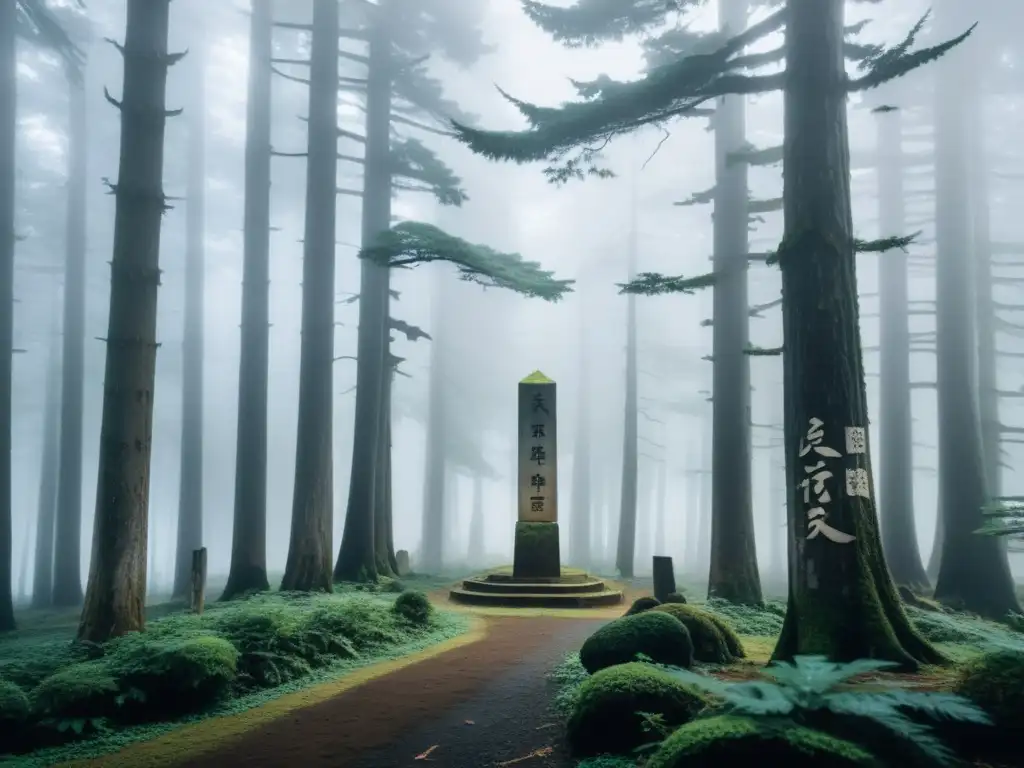 Antiguo bosque japonés envuelto en niebla, con árboles de cedro imponentes