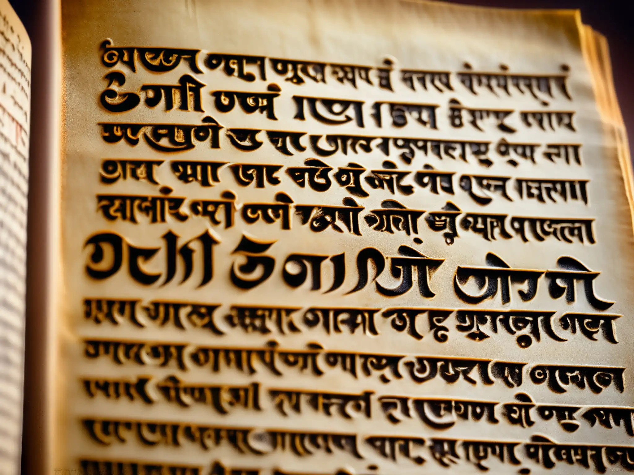 Antiguo manuscrito en sánscrito iluminado por cálida luz, revelando el legado misterioso de los Reyes de Delhi