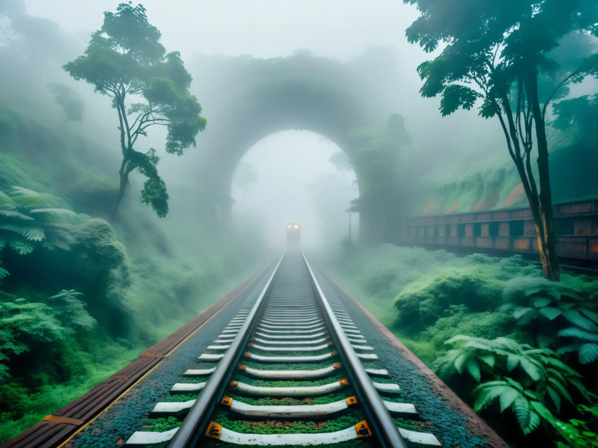 Un antiguo y misterioso tren fantasma se desvanece en la densa niebla de un bosque de la India