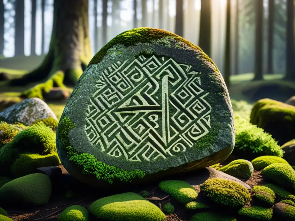 Un antiguo y místico menhir vikingo cubierto de musgo en un bosque nórdico, con intrincadas runas talladas